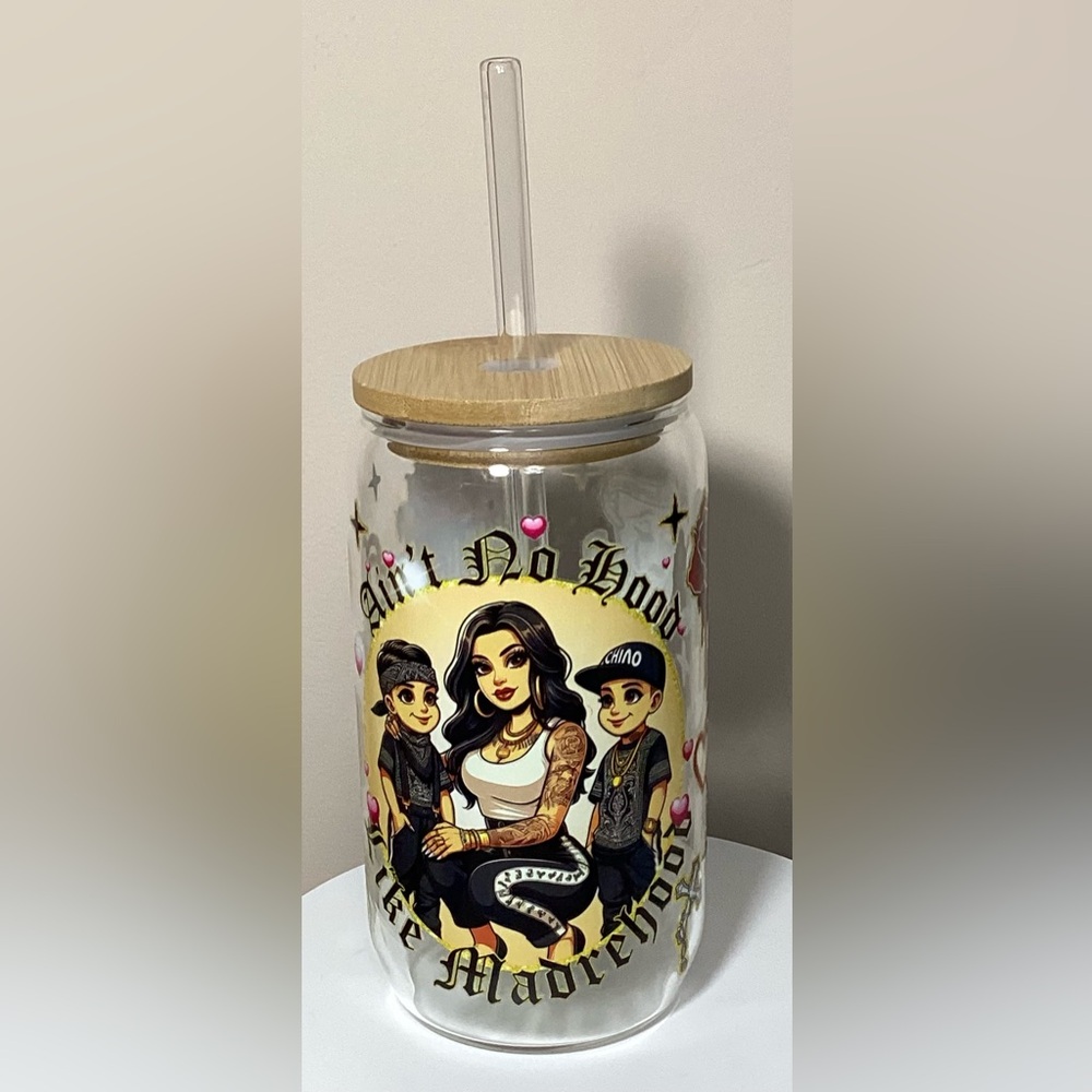 Glass Tumbler with Bamboo Lid and Straw - Motherhood Design